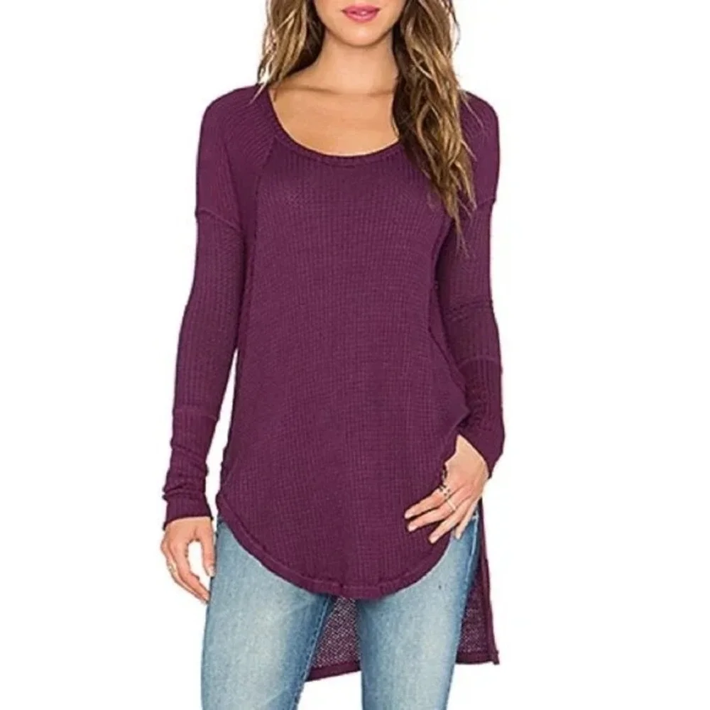 FREE PEOPLE Drippy Ventura Top Waffle‎ Knit Thermal Purple Size XS